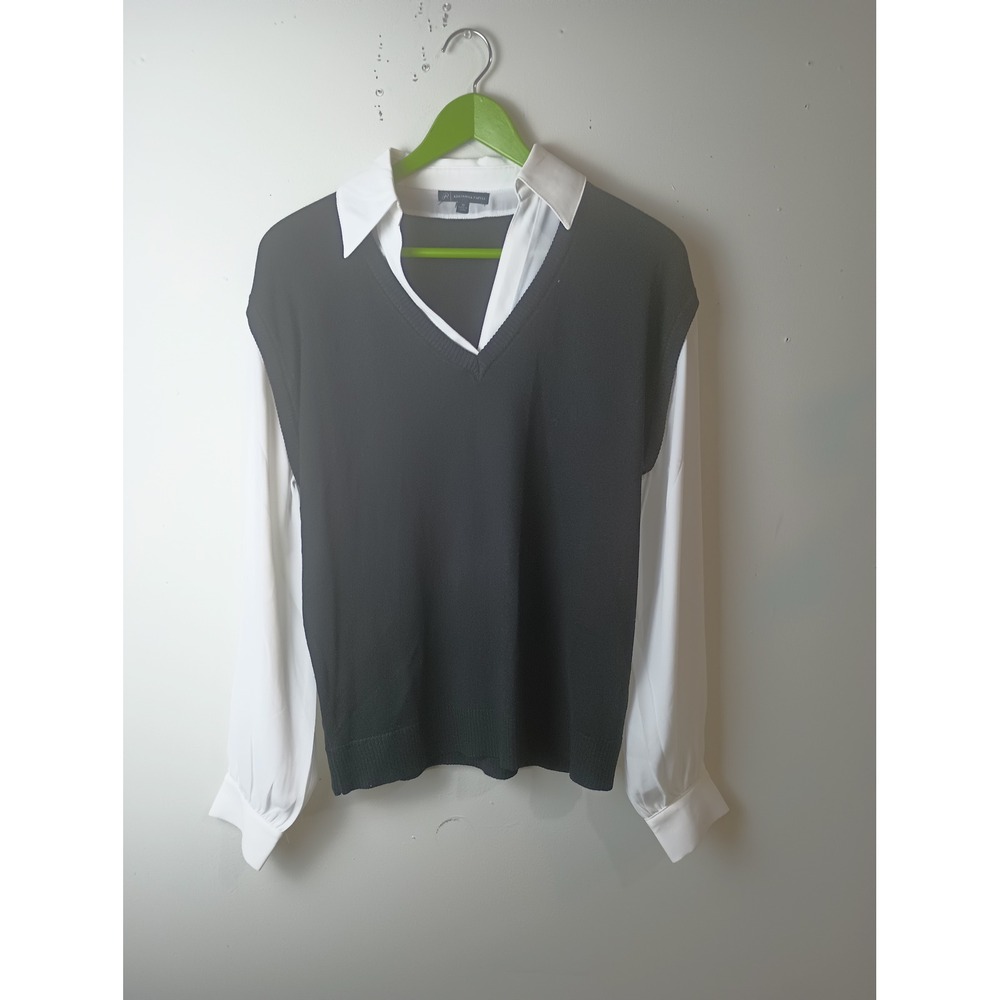 Adrianna Papell Women Black Sweater Vest White Collared Shirt Layered Top Medium